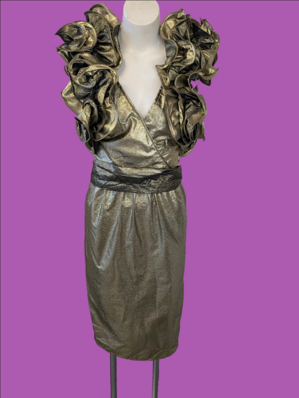 Vintage Dress Metallic 80s Rock Glam Gold Ruffle Shoulder Dress